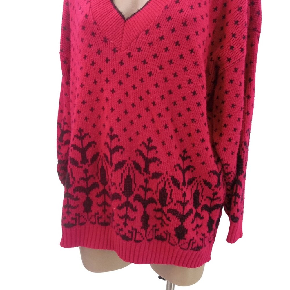 Vintage 80s Classic Essentials Pink Black Sweater Size 20 W Plus V Neck Bird Eye - Picture 3 of 7